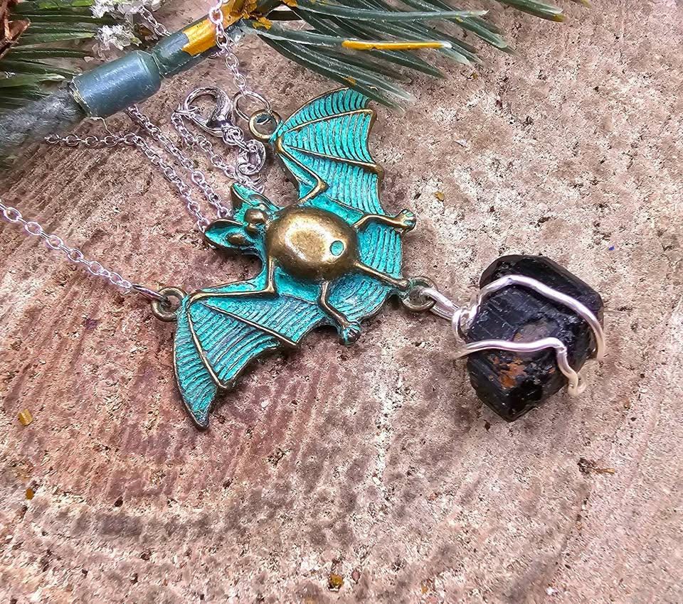 Flying Bat Nature Black Tourmaline Raw Stone Pendant Necklace