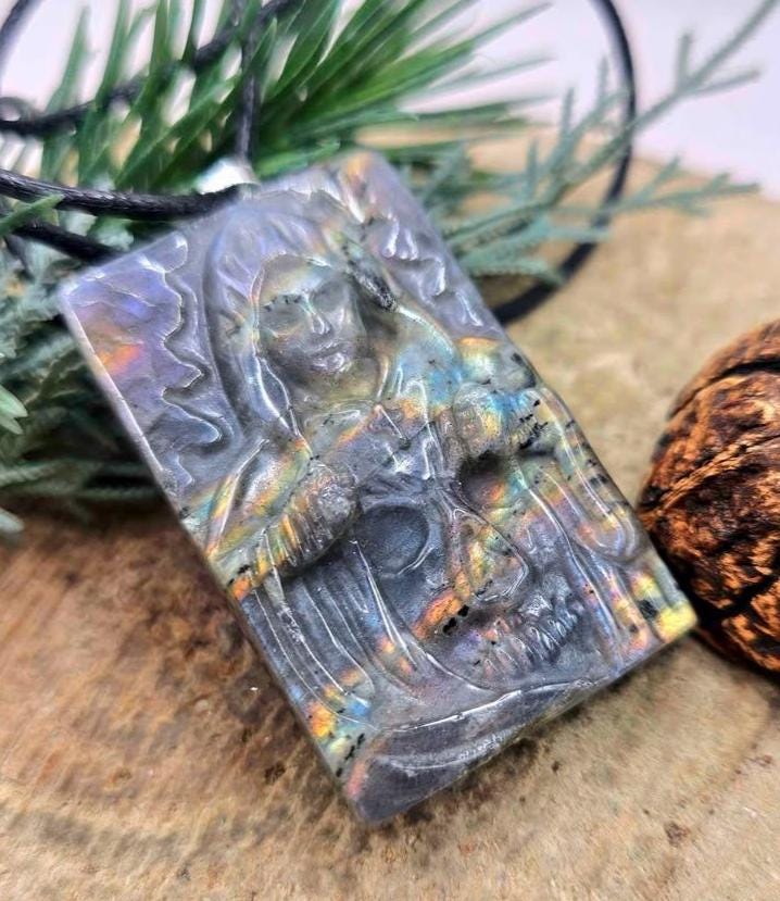 Nature Labradorite Carved Flashy Hidden Evil Monk Pendant Necklace