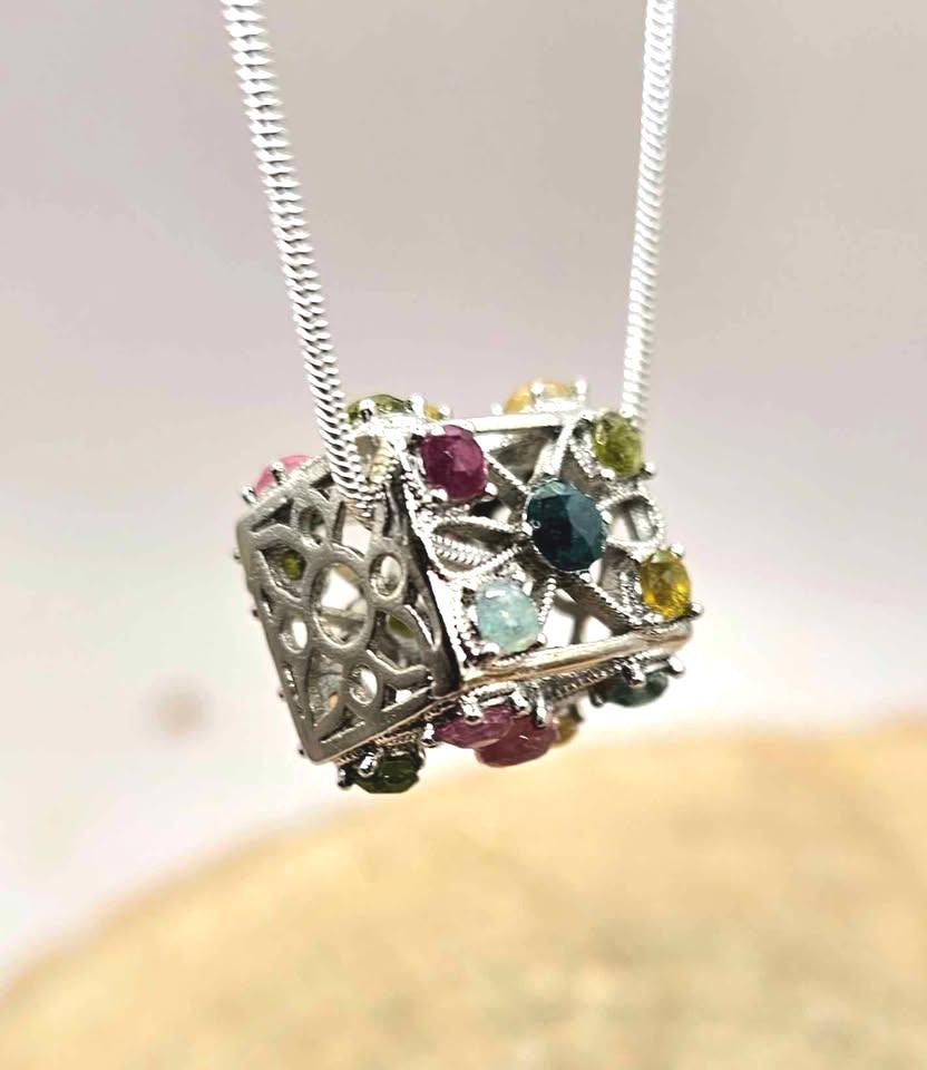 Nature Rainbow Faceted Tourmaline Rectangular Cage Pendant Necklace