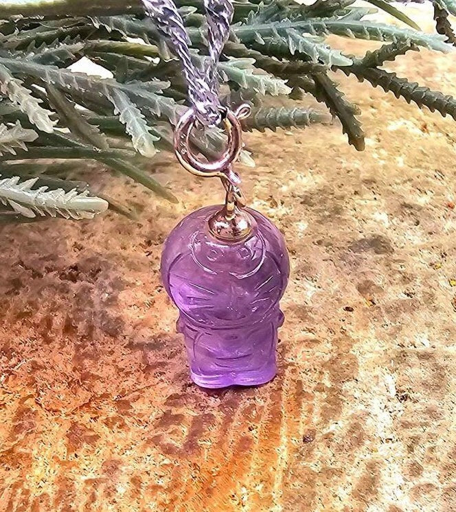Cute Nature Amethyst Carved Doraemon Gadget Cat Pendant Necklace