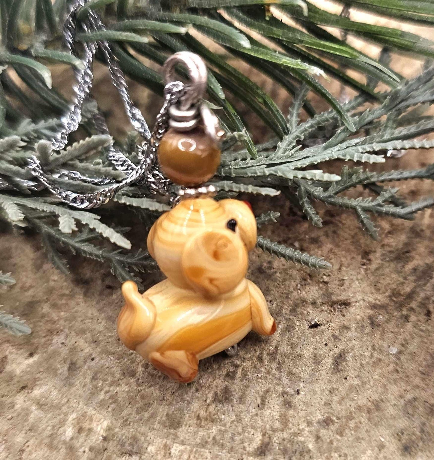 Cute Venetian Glass Hand Blown Dog & Agate Pendant Necklace