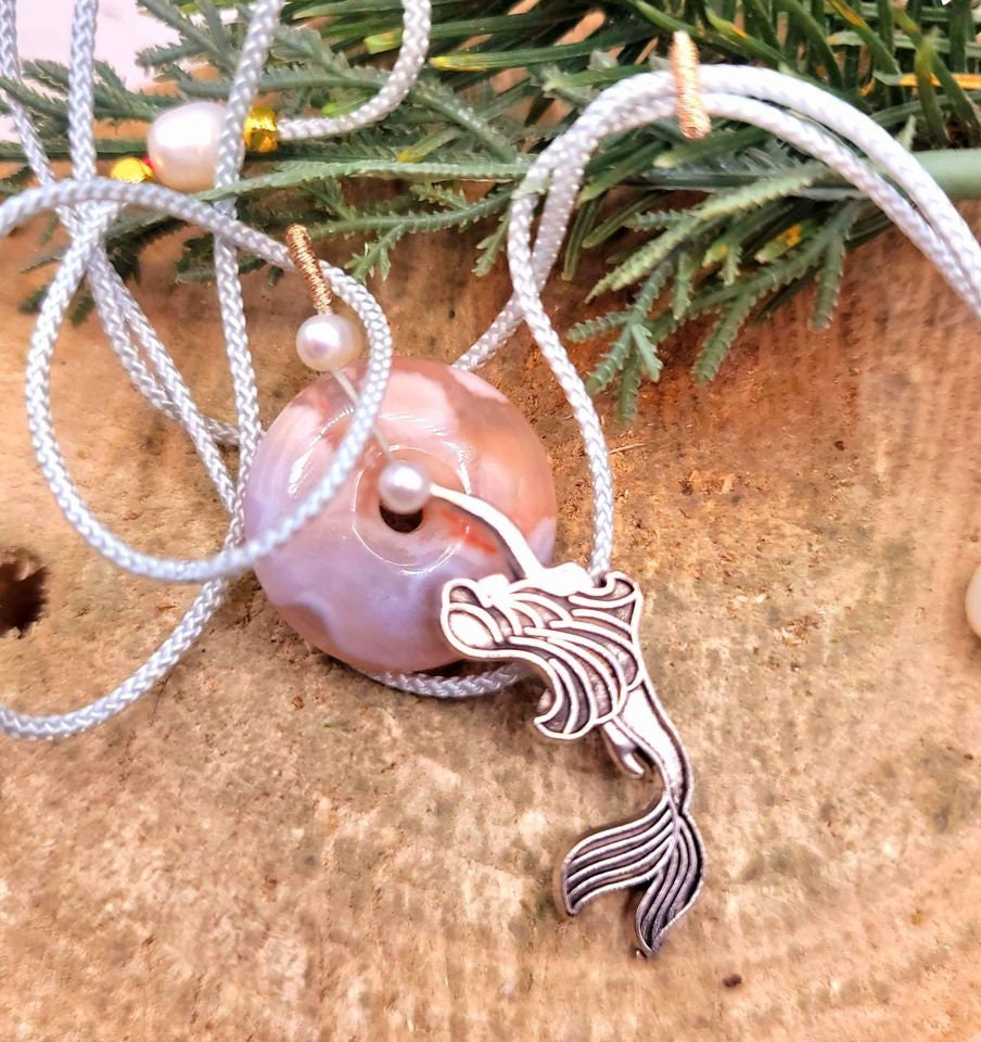 Beautiful Nature Cherry Blossom Agate Donut Swimming Mermaid Pearl Accent Necklace