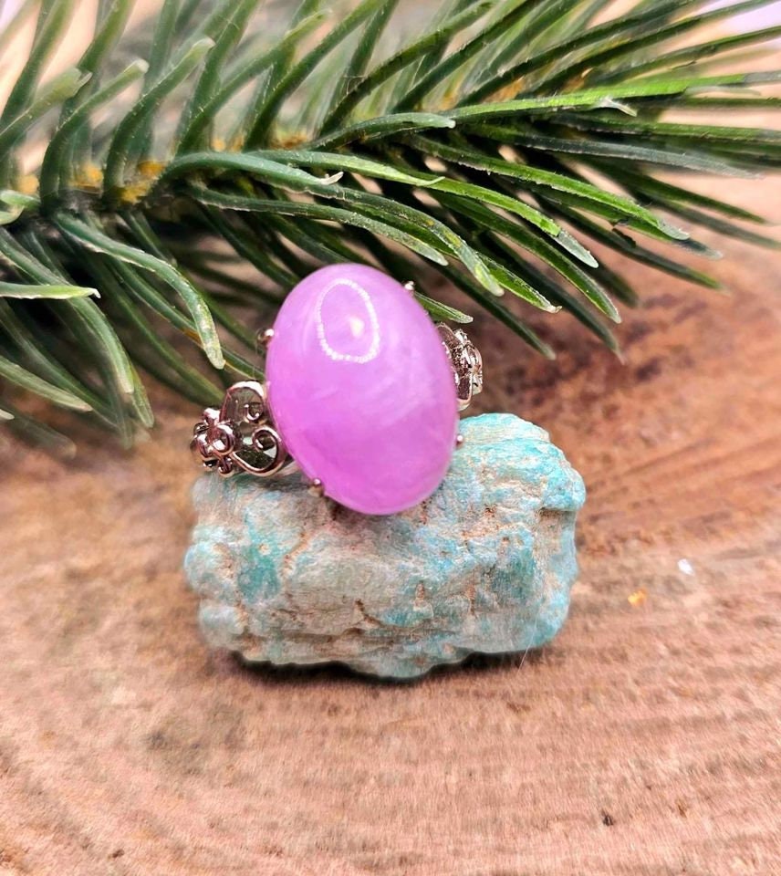 Beautiful Big Nature Purple Kunzite S925 Adjustable Ring