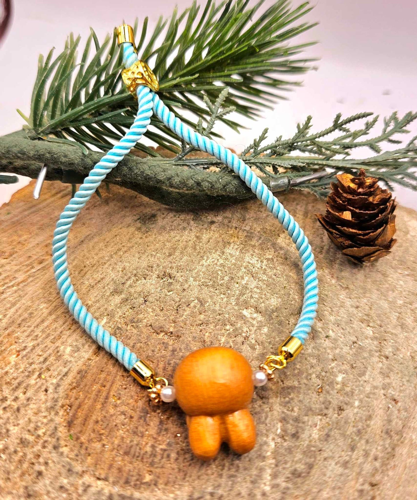 Nature Crystal Wood Rabbit Head Adjustable Blue Knitted Bracelet