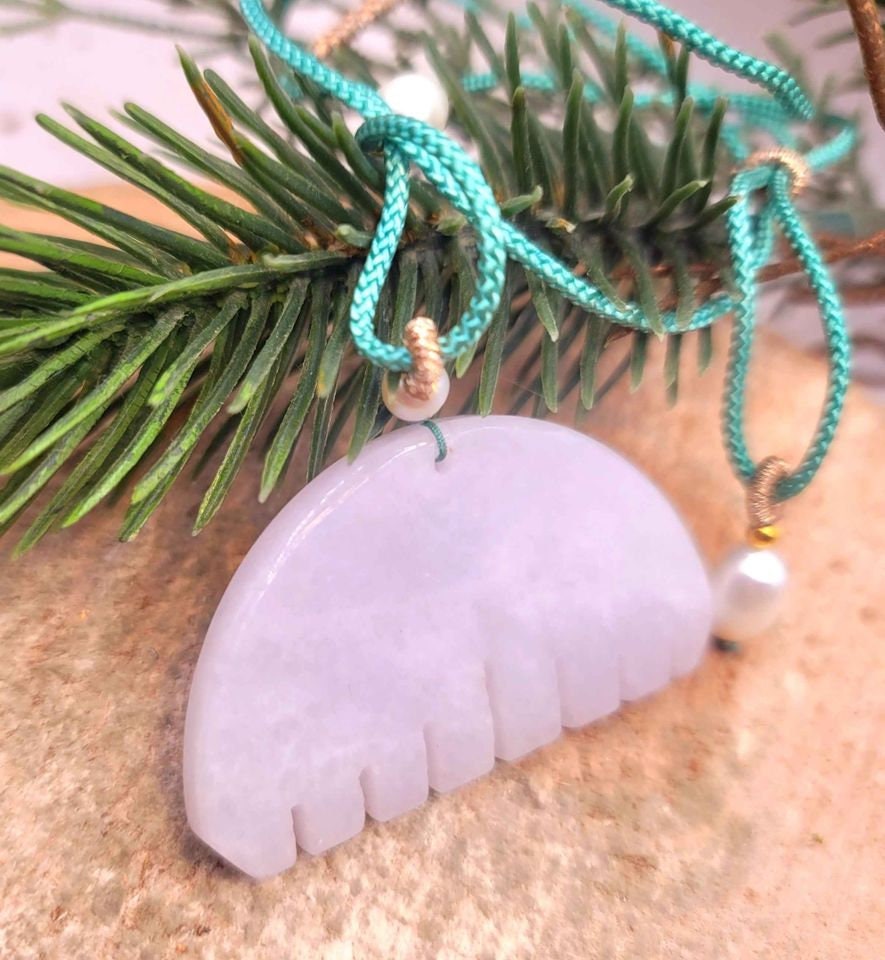 Beautiful Certified Nature Jade Hand Carved Comb Pendant With Pearl Adjustable Necklace