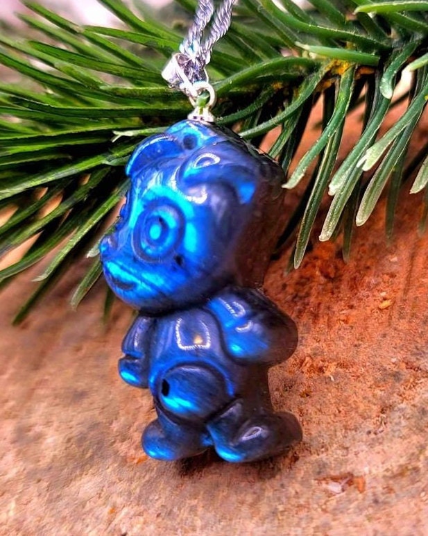 Nature Labradorite Flashy Carved Cute Dog Pendant Necklace