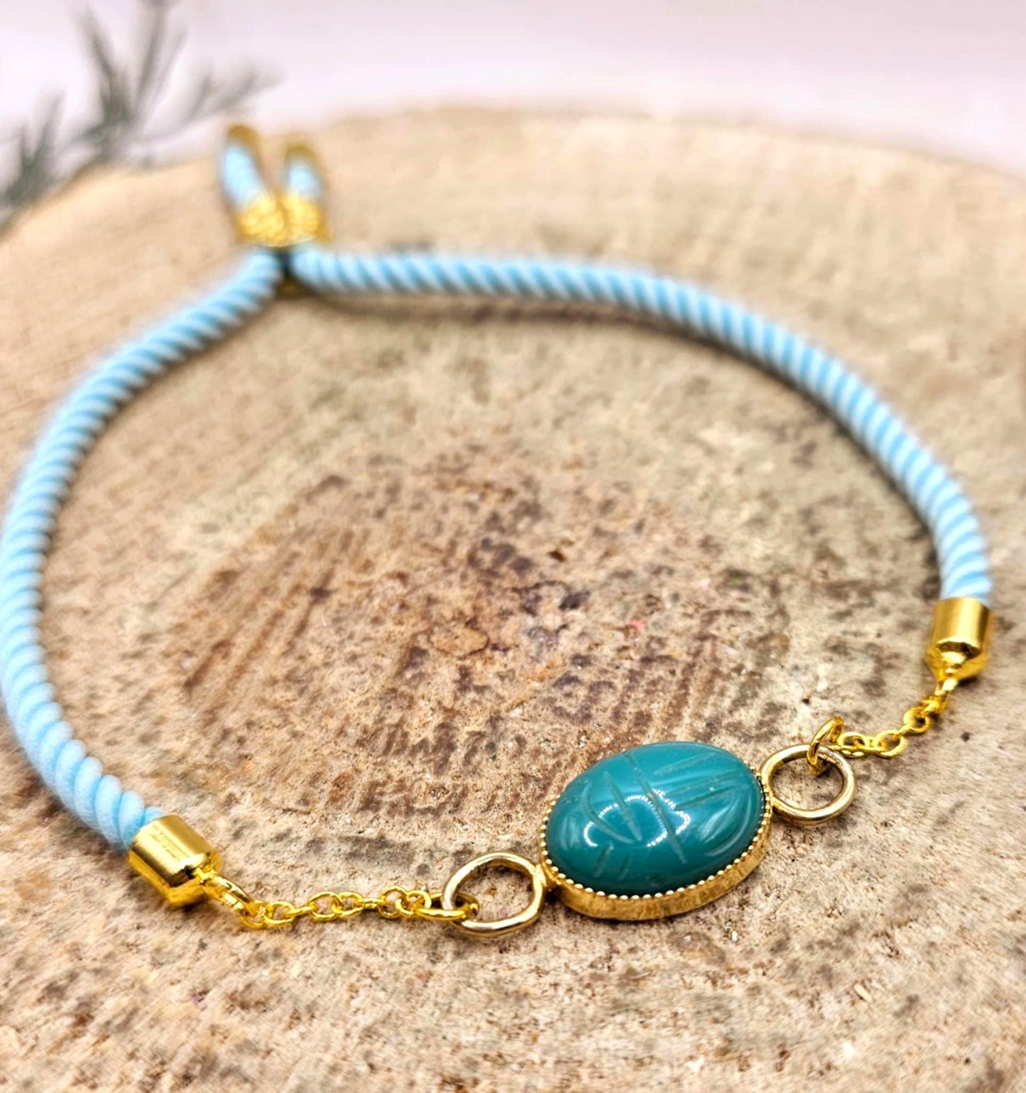 Nature Stone Hand Carved Scarab Beetle Hand Braided Bracelet