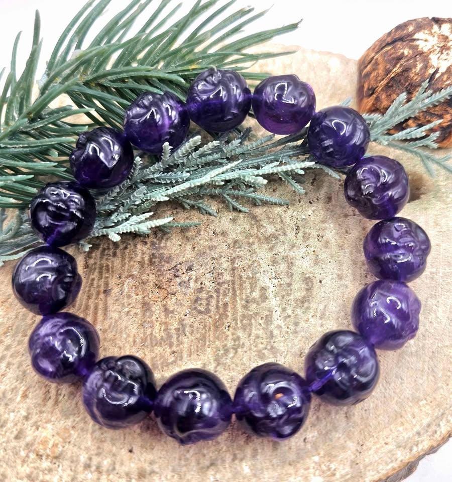 Rare Nature Amethyst Carved Happy Buddha Bead Bracelet