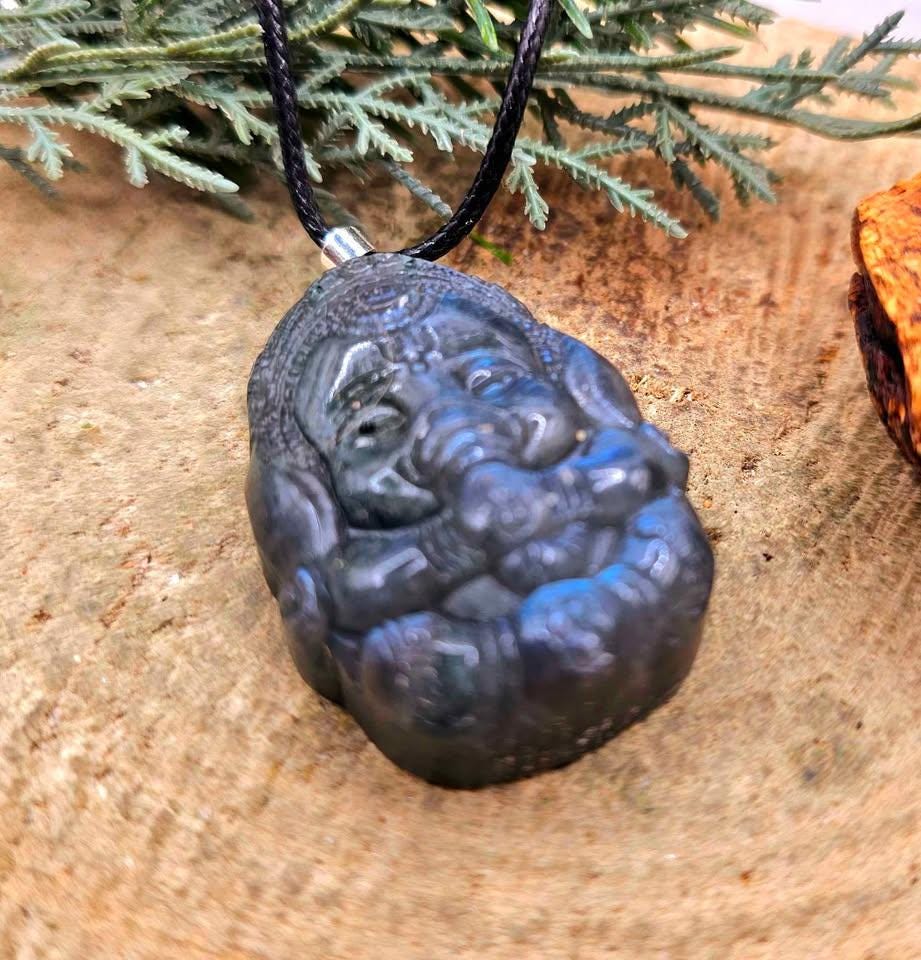 Nature Labradorite Flashy Carved Elephant God Ganesha Blessing Pendant Necklace