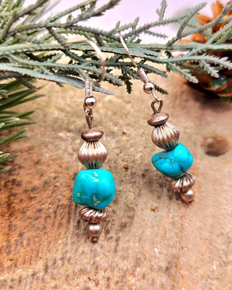 Beautiful Nature Turquoise Raw Stone Sterling S925 Dangle Earring
