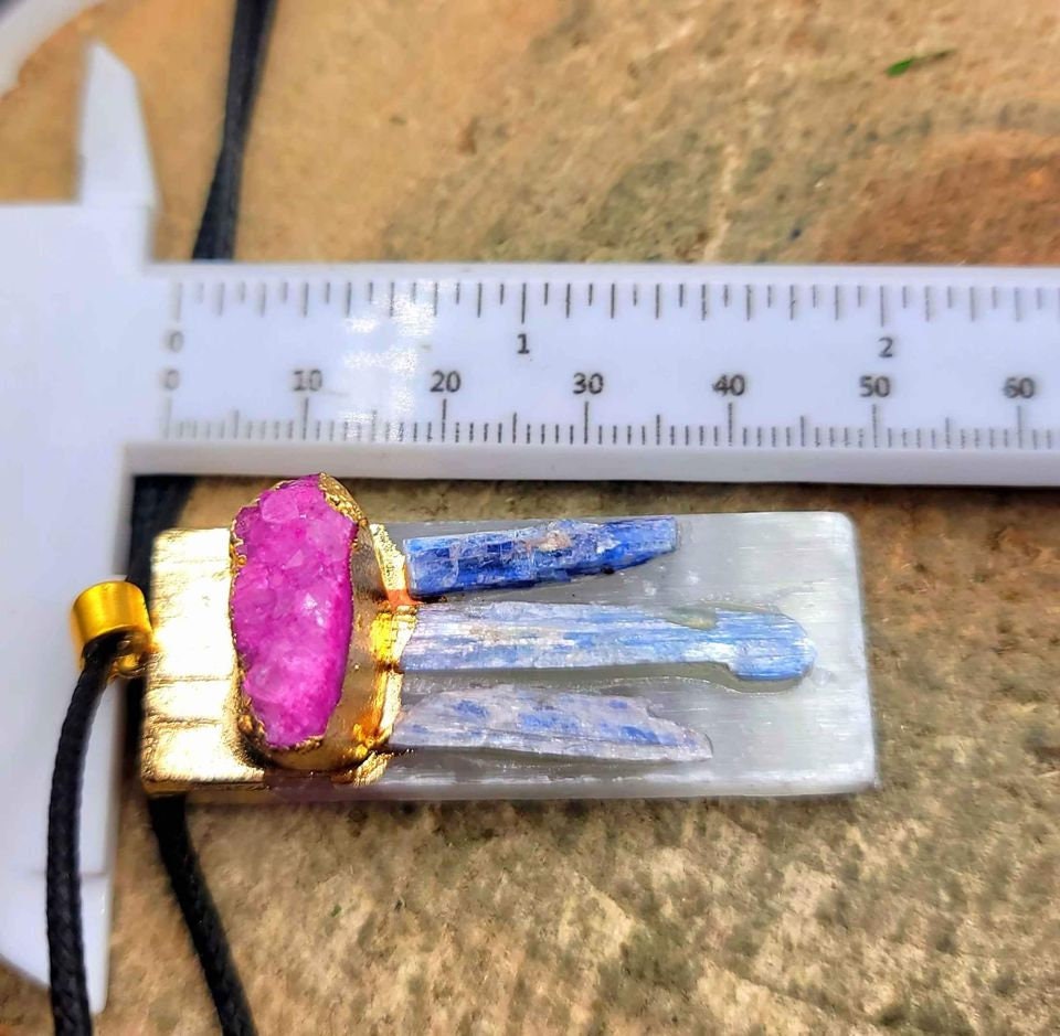 Beautiful Nature Selenite With Kyanite and Pink Geode Gold Cap Pendant Necklace