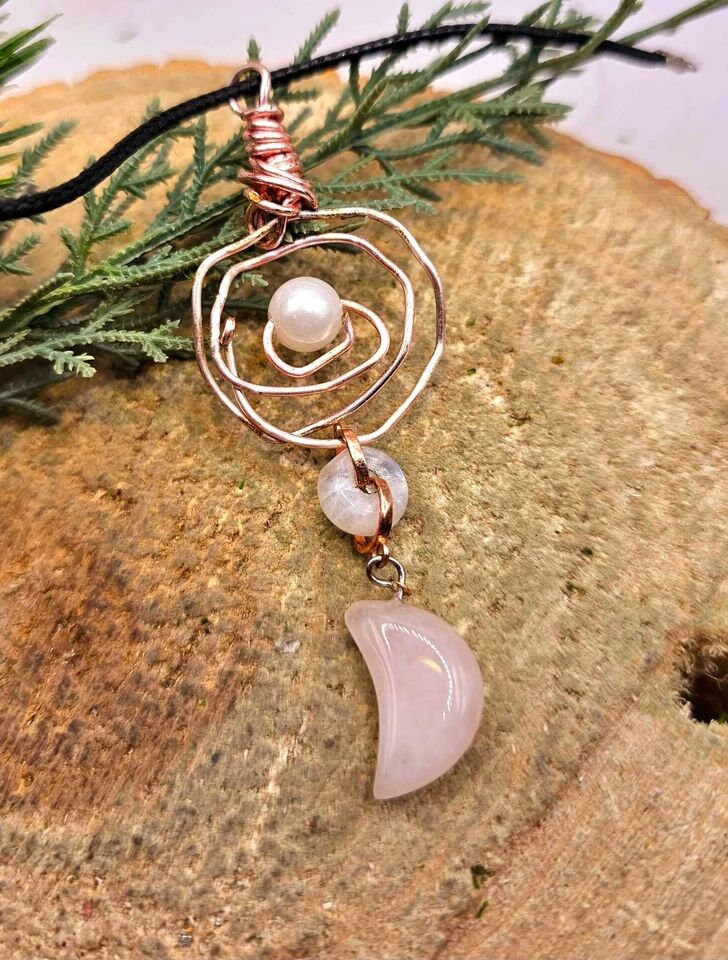 Unique Nature Moon Stone & Rose Quartz Moon Wire Wrapped Orbit Pendant Necklace