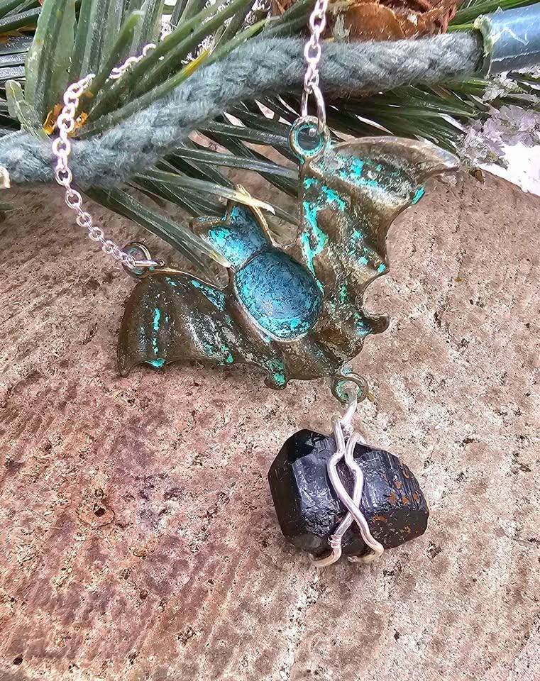 Flying Bat Nature Black Tourmaline Raw Stone Pendant Necklace
