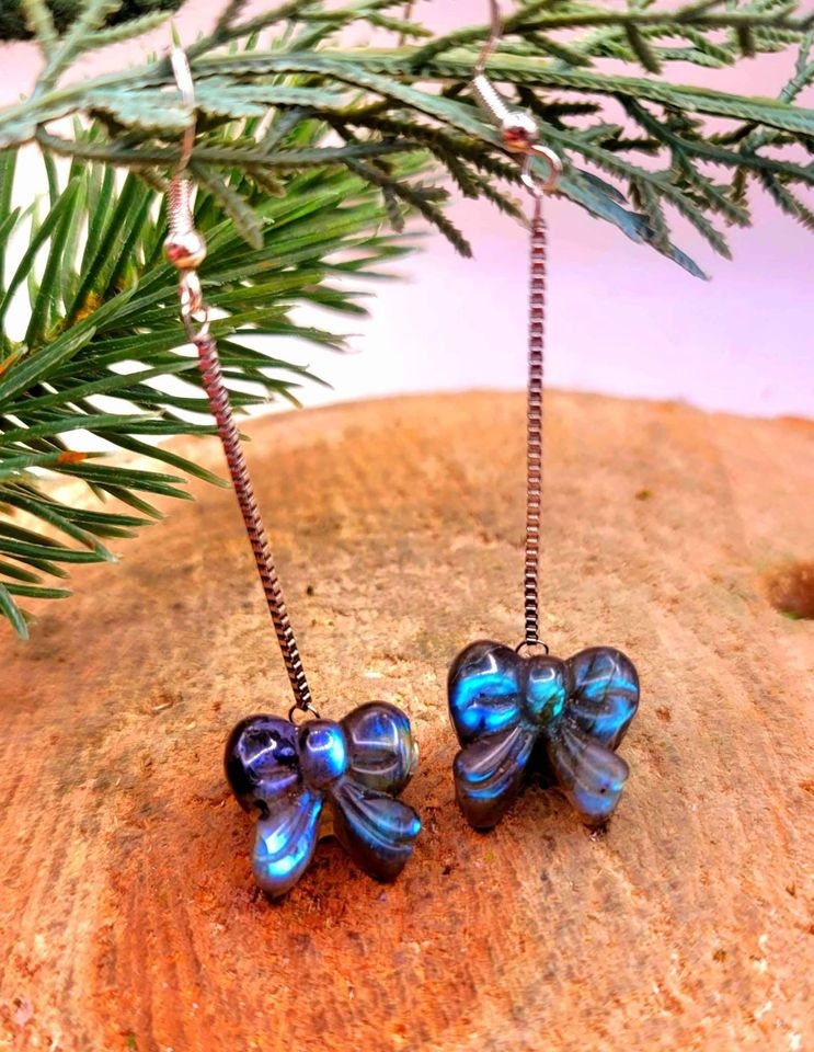 Beautiful Nature Labradorite Hand Carved Flashy Ribbon Dangle S925 Earring