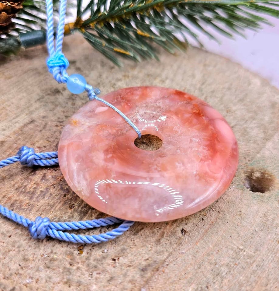Nature Cherry Blossom Agate Jumbo Donut Pendant Necklace
