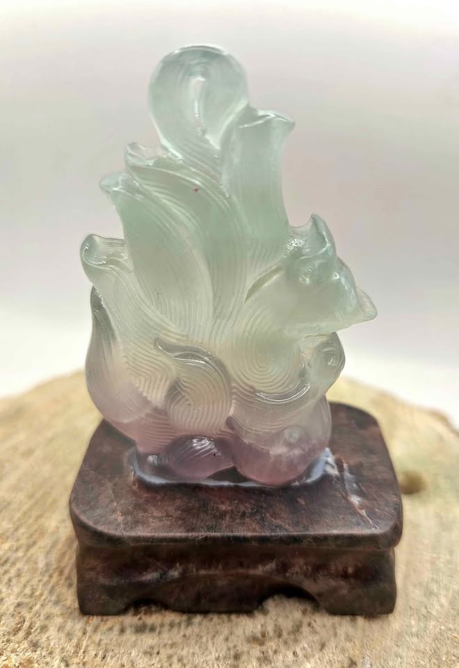Nature Fluorite Hand Carved Nine Tails Fox Slice With Wood Stand