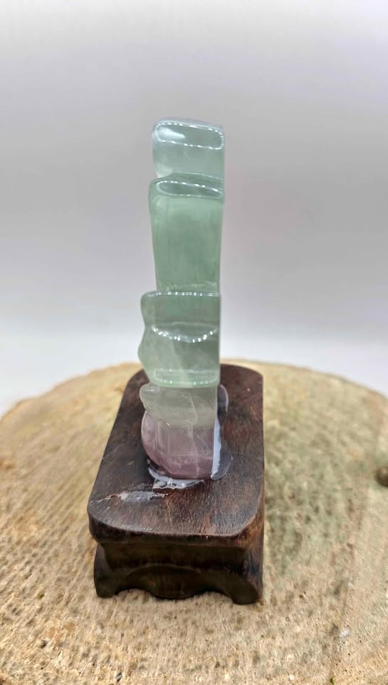 Nature Fluorite Hand Carved Nine Tails Fox Slice With Wood Stand