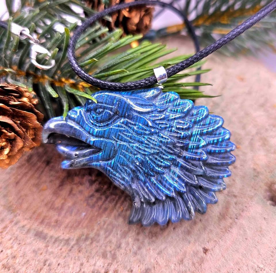 Nature Labradorite Flashy Strong Eagle Head Pendant Necklace