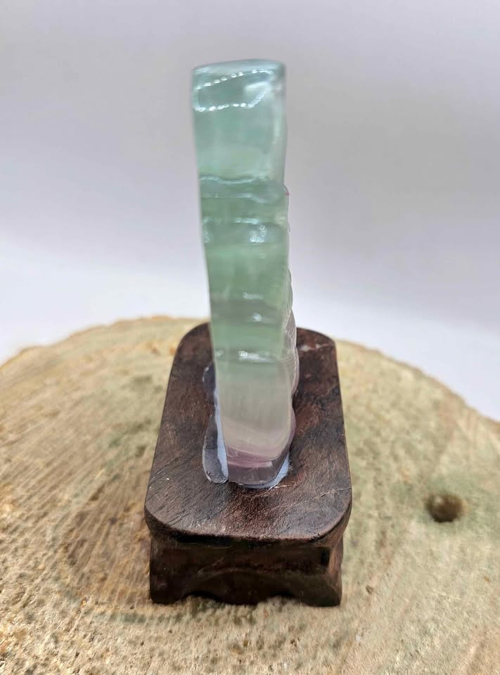 Nature Fluorite Hand Carved Nine Tails Fox Slice With Wood Stand