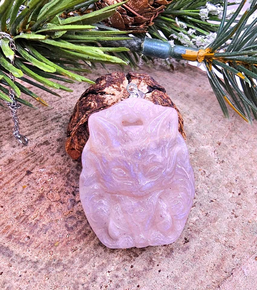 Nature Moonstone Carved Nine Tails Fox Pendant Necklace