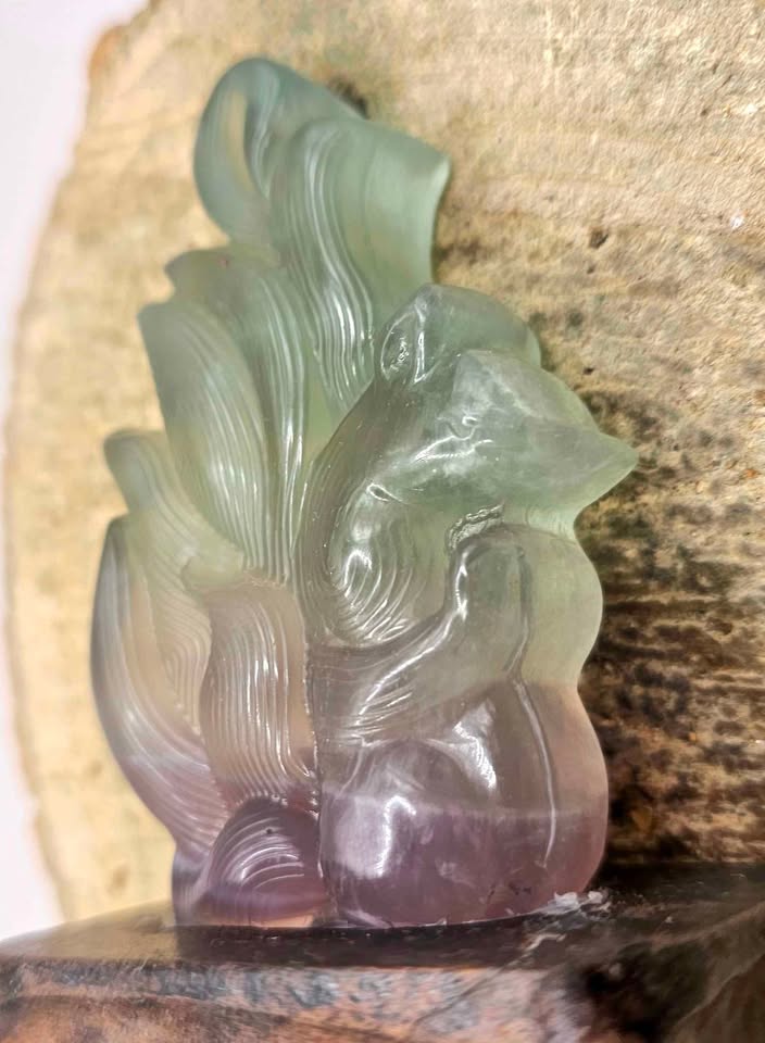 Nature Fluorite Hand Carved Nine Tails Fox Slice With Wood Stand