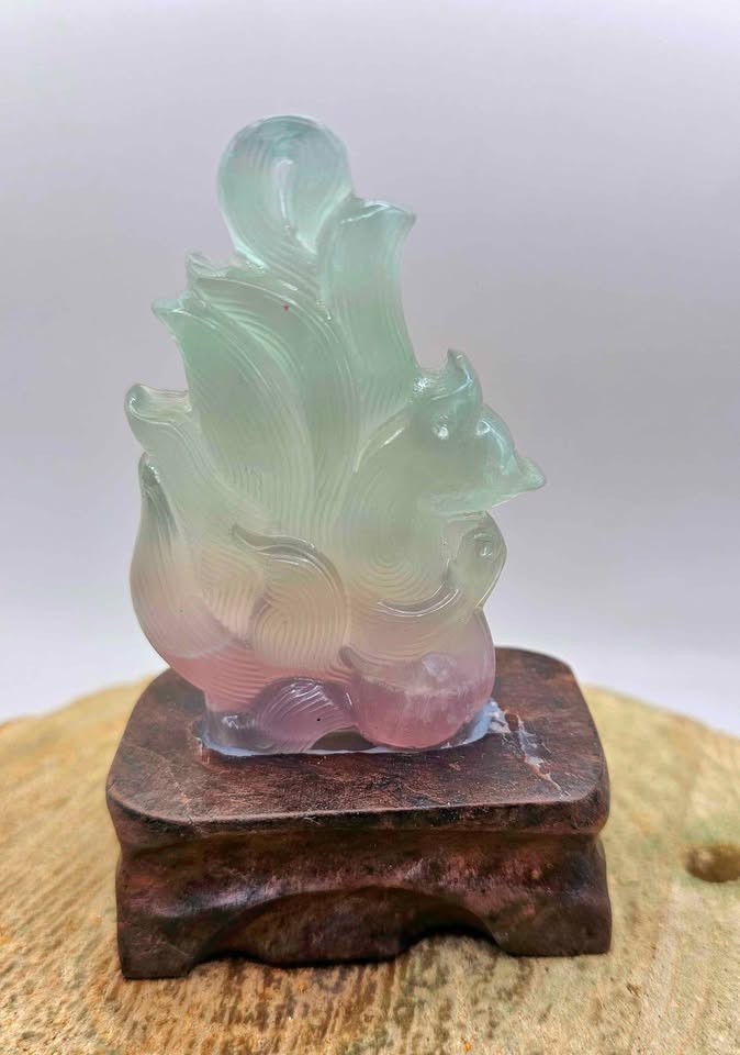 Nature Fluorite Hand Carved Nine Tails Fox Slice With Wood Stand