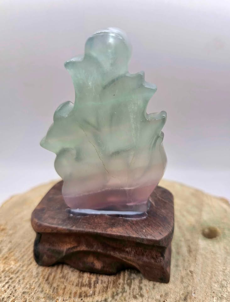Nature Fluorite Hand Carved Nine Tails Fox Slice With Wood Stand