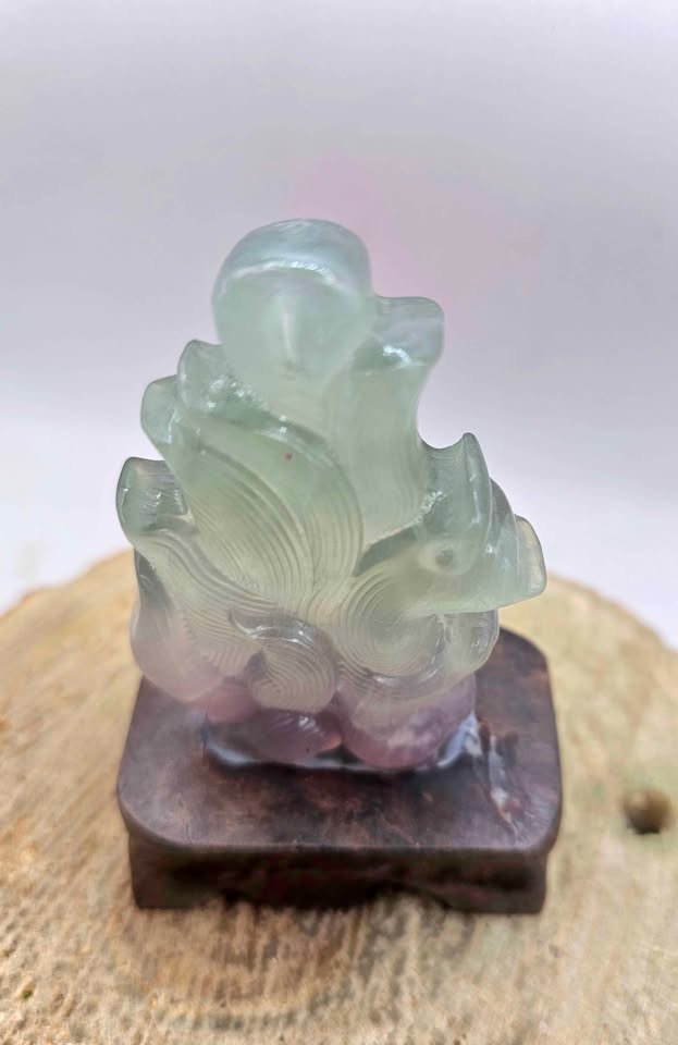 Nature Fluorite Hand Carved Nine Tails Fox Slice With Wood Stand