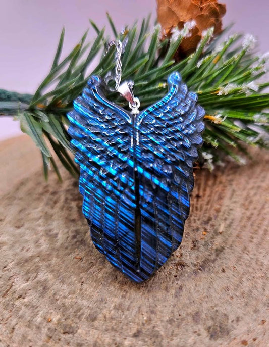 Nature Labradorite Carved Flashy Angel Wing Pendant Necklace