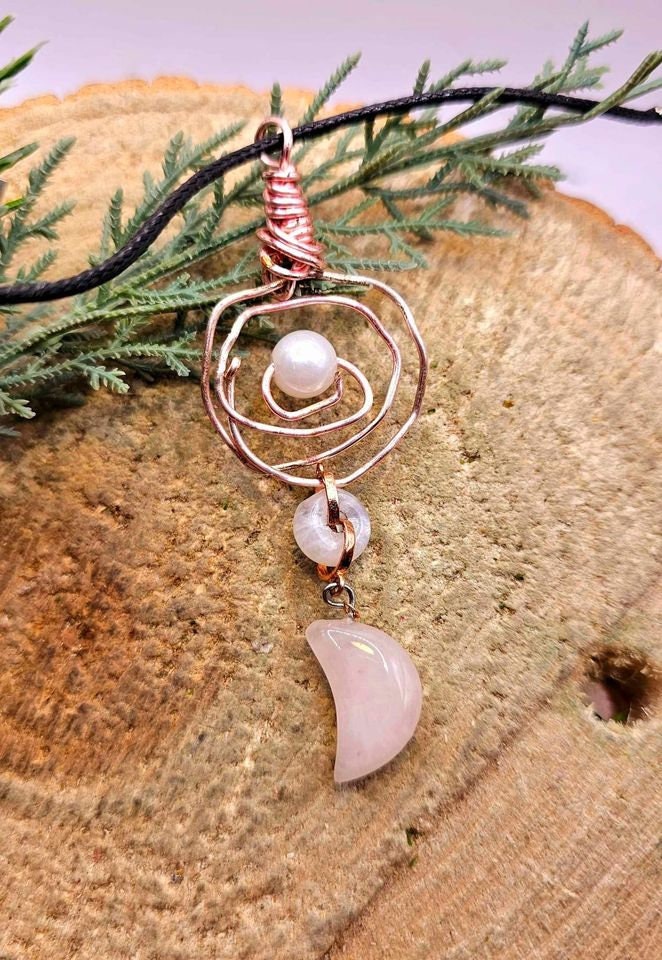 Unique Nature Moon Stone & Rose Quartz Moon Wire Wrapped Orbit Pendant Necklace
