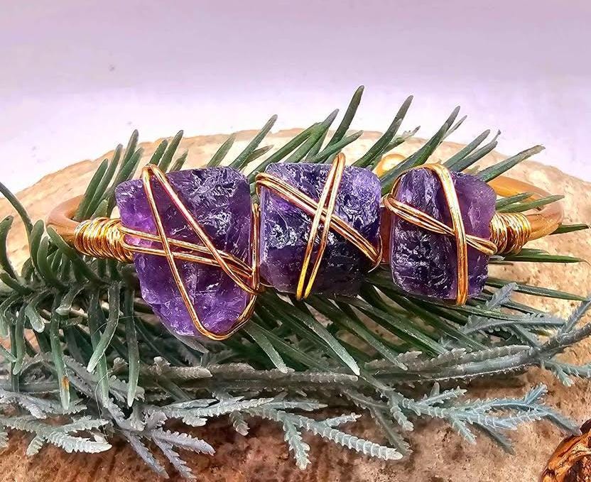 Nature Amethyst Polished Stone Wire Wrapped Open Bangle