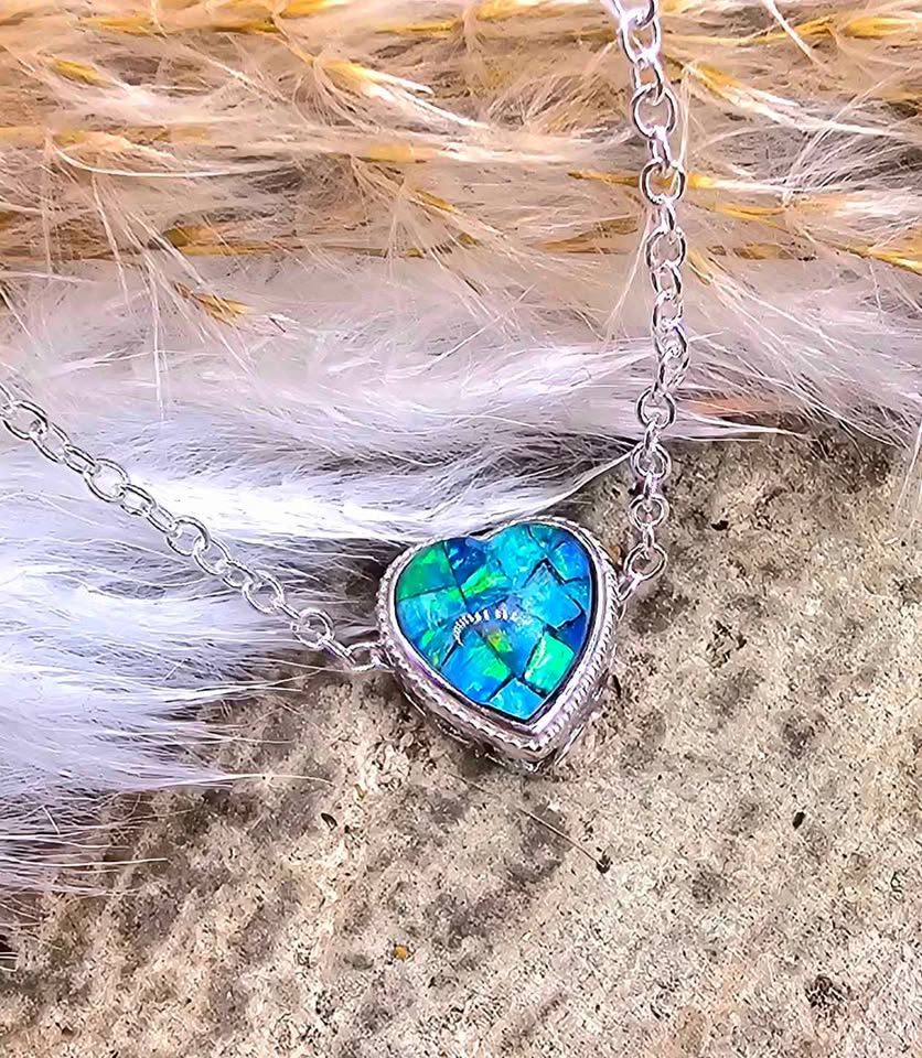 Nature Opal Inlay Heart 925 Heart Charm Pendant necklace