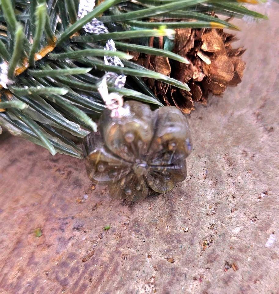 Nature Labradorite Carved Flashy Cherry Blossom Pendant Necklace