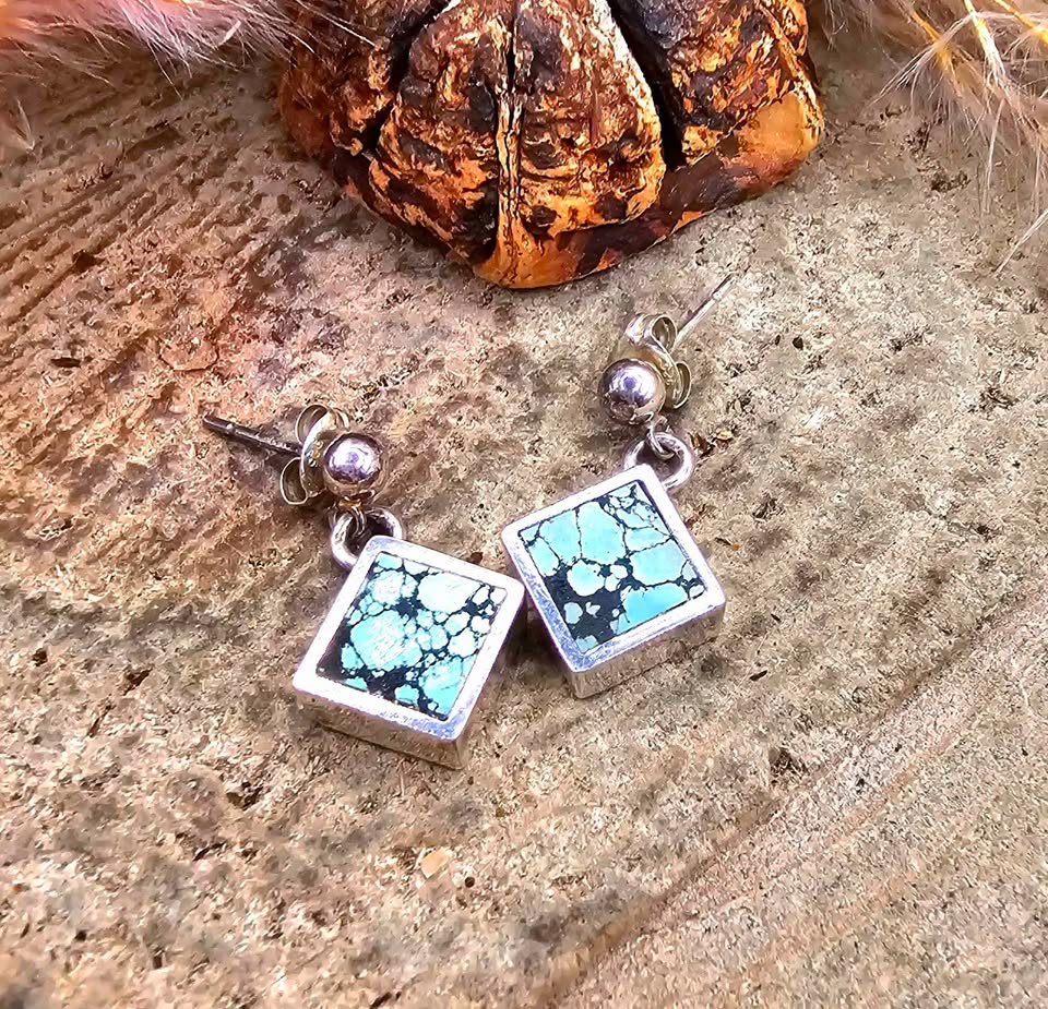 Handcrafted Turquoise Square Sterling Silver Earrings