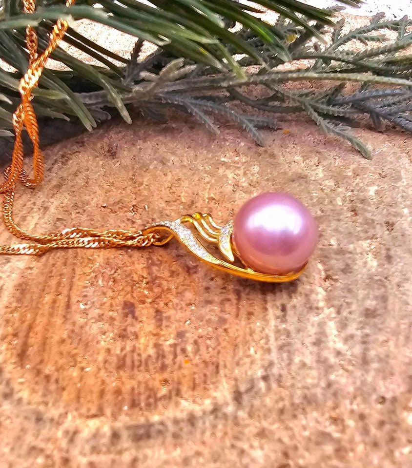 Nature Pinkish Purple Pearl S925 CZ Stone Pendant Necklace