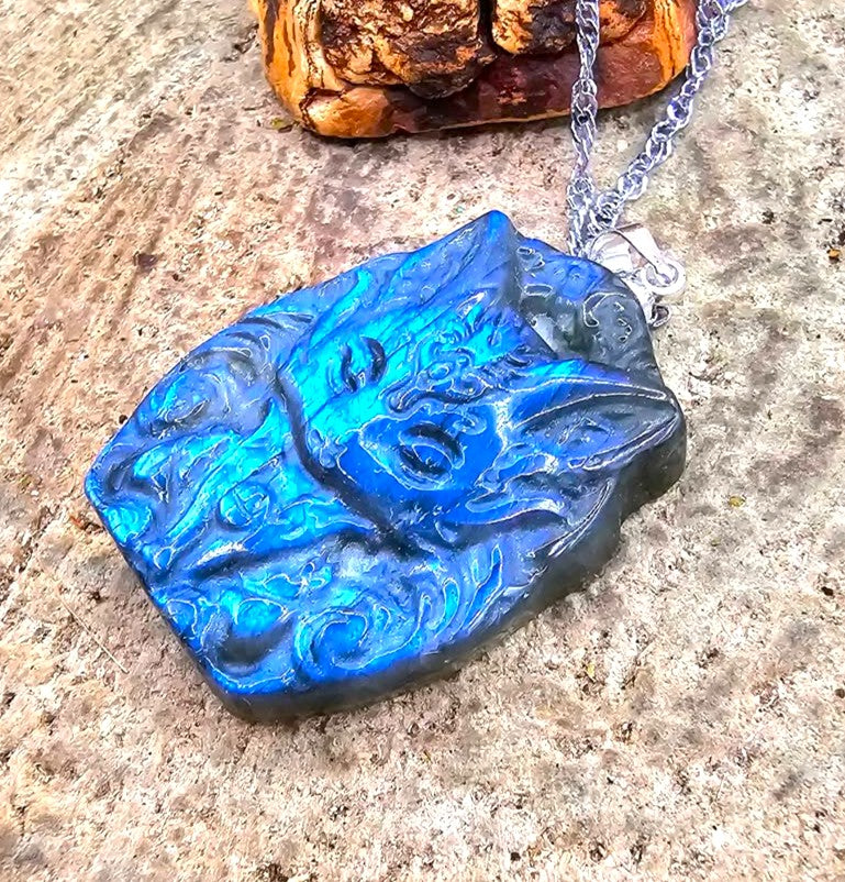 Nature Labradorite Carved Flashy Nine Tail Fox Pendant Necklace