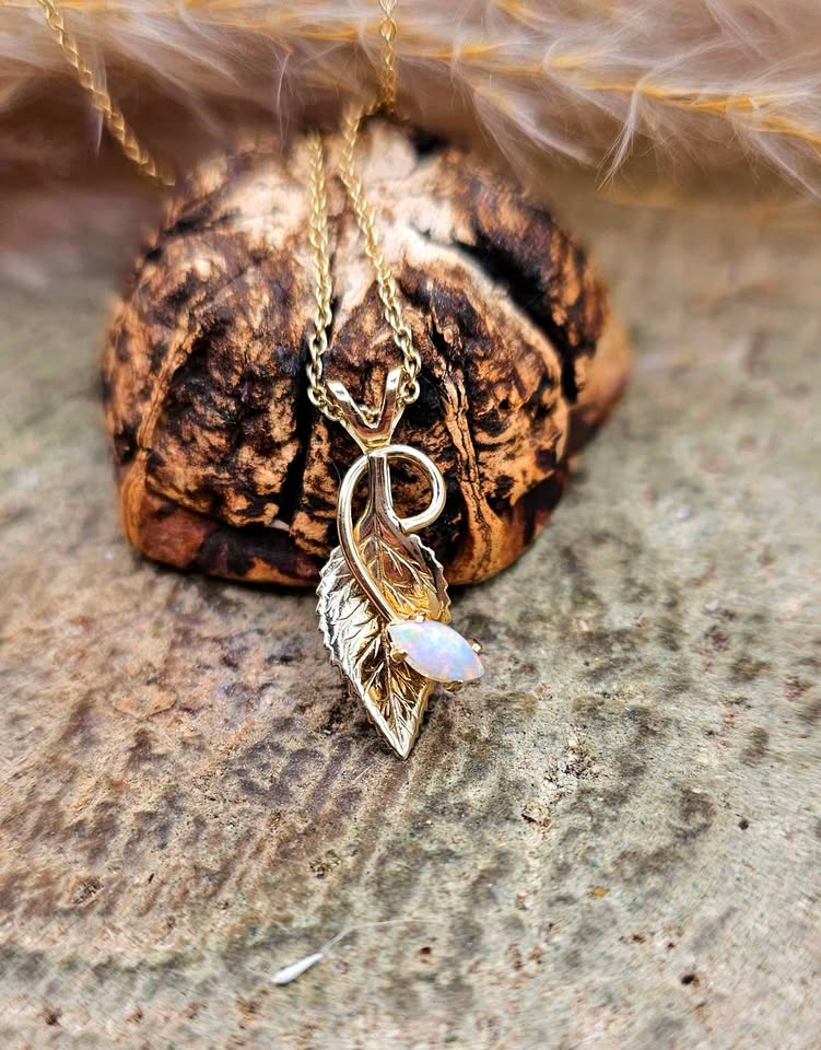 14K Gold Filled Opal Artistic Leaf Pendant With Necklace.
