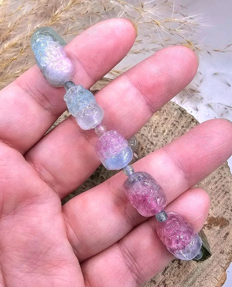 Premium Grade Nature Watermelon Tourmaline Hand Carved Pixiu Bracelet