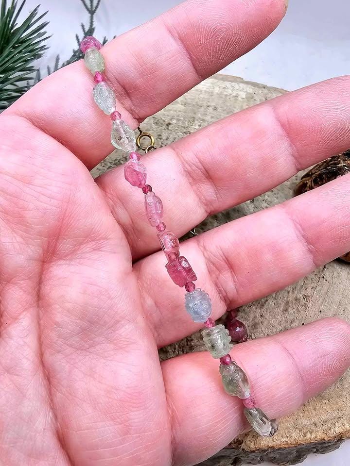 Premium Grade Nature Tourmaline Hand Carve Ruffled Candy 925 Bracelet