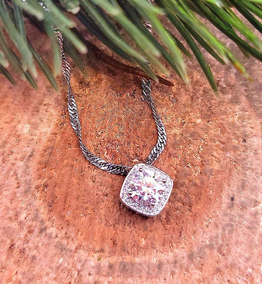 GRA 1ct D Certified Moissanite Diamond Square Charm Pendant Necklace