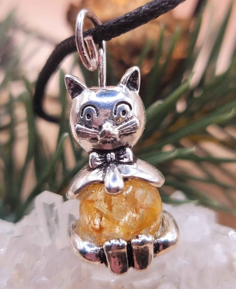 Unique Nature Rutilated Sphere Funny Cat Pendant Necklace