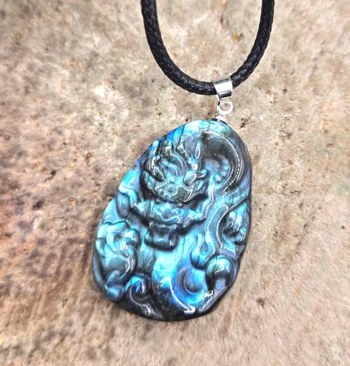 Nature Labradorite Carved Flying Dragon Pendant Necklace
