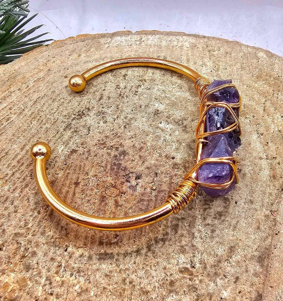Nature Amethyst Polished Stone Wire Wrapped Open Bangle