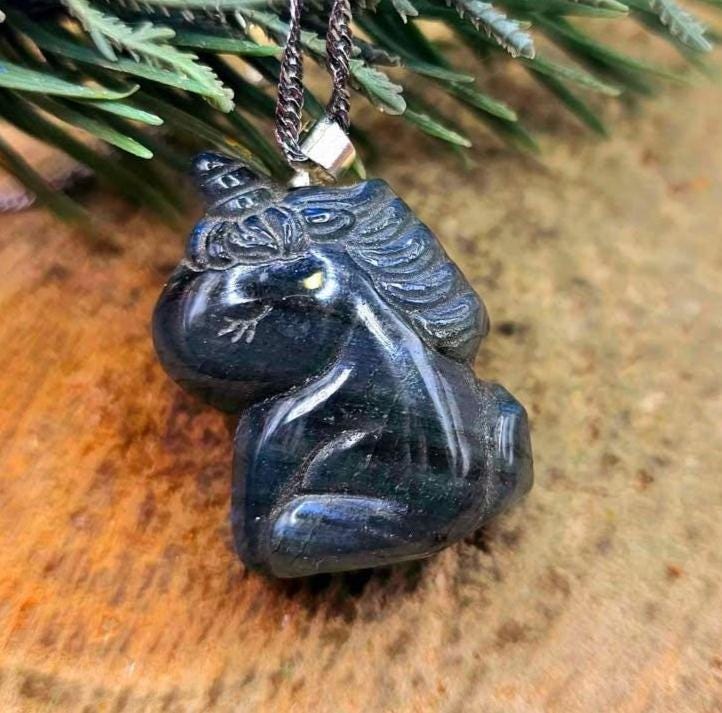 Nature Labradorite Flashy Sleeping Unicorn Pendant Necklace