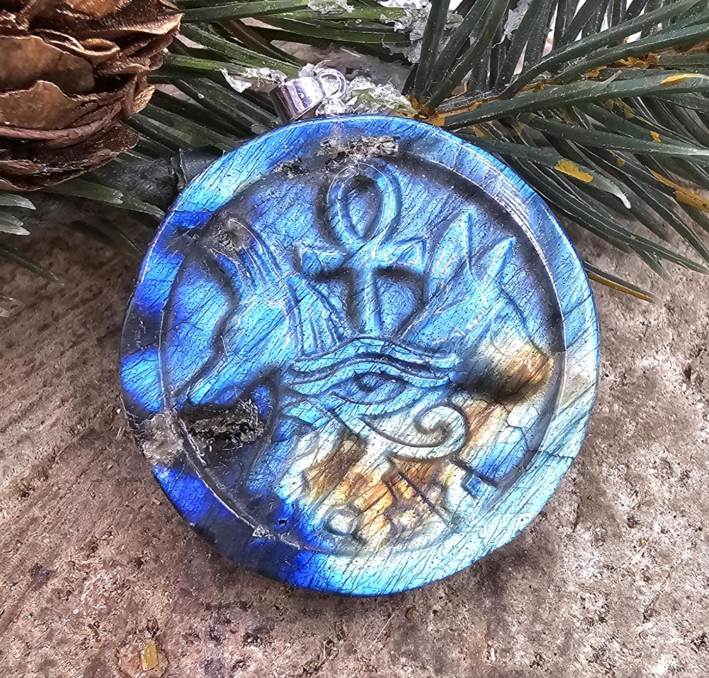 Nature Labradorite Carved Flashy Egyptian Symbols Pendant Necklace