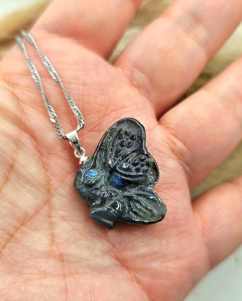 Nature Labradorite Carved Flashy Sleeping Butterfly Fairy Pendant Necklace