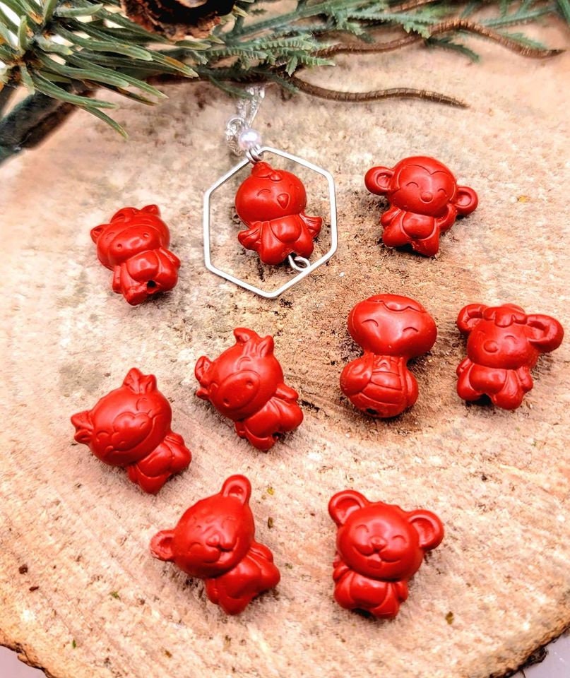 Unique Nature Red cinnabar Carved Chinese Zodiacs Pendant Necklace