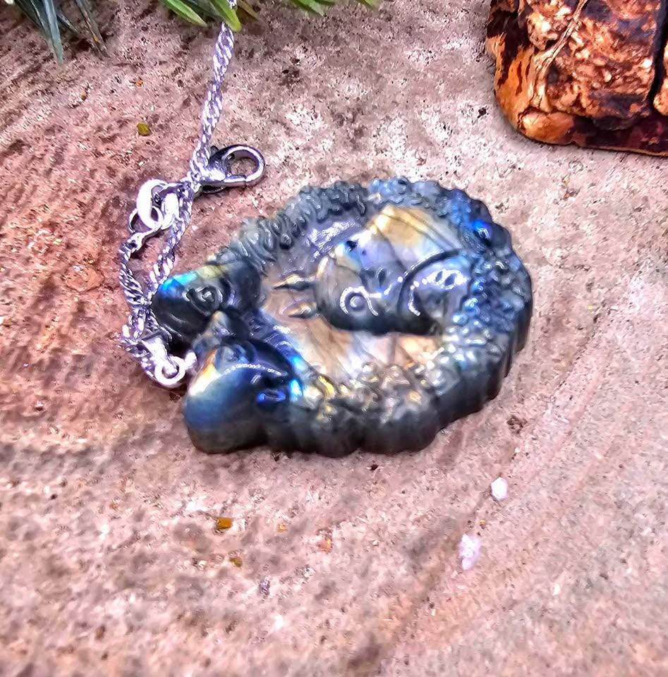 Nature Labradorite Flashy Forest God Portrait Pendant Necklace