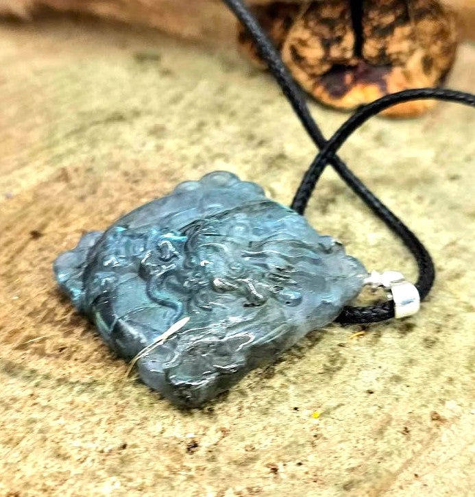 Nature Labradorite Oriental Dragon & Sun Pendant Necklace