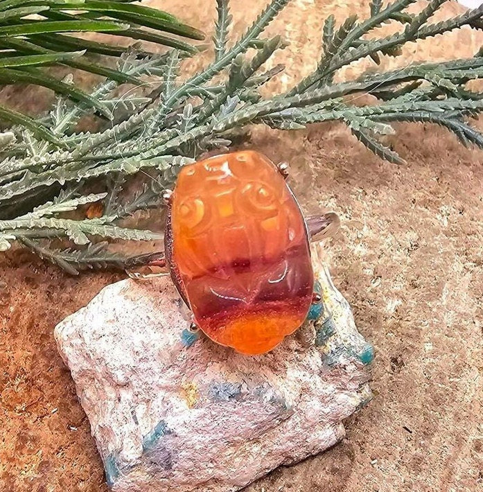Nature Rainbow Fluorite Carved Blessing Pi Xiu Adjustable Ring